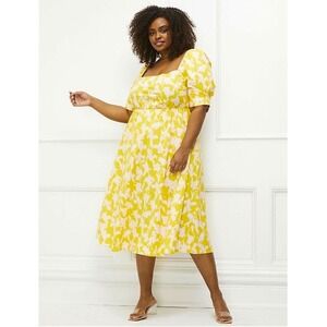 Eloquii Elements Yellow & Pink Floral Puff Sleeve Square Neck Midi Dress NWT 26